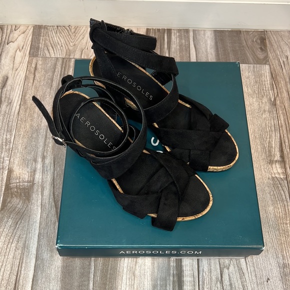 🖤Aerosoles Phoenix Black Suede/Cork Ankle Strappy Wedge with Heel Rest Comfort - Picture 6 of 8